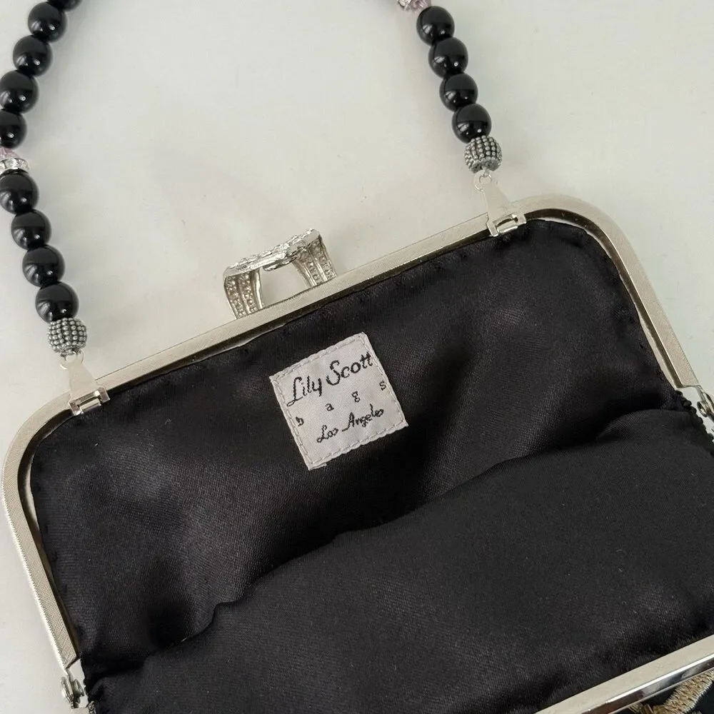 Vintage Lily Scott Peacock Black Evening Bag W/ Sequin Beads & Embroidery